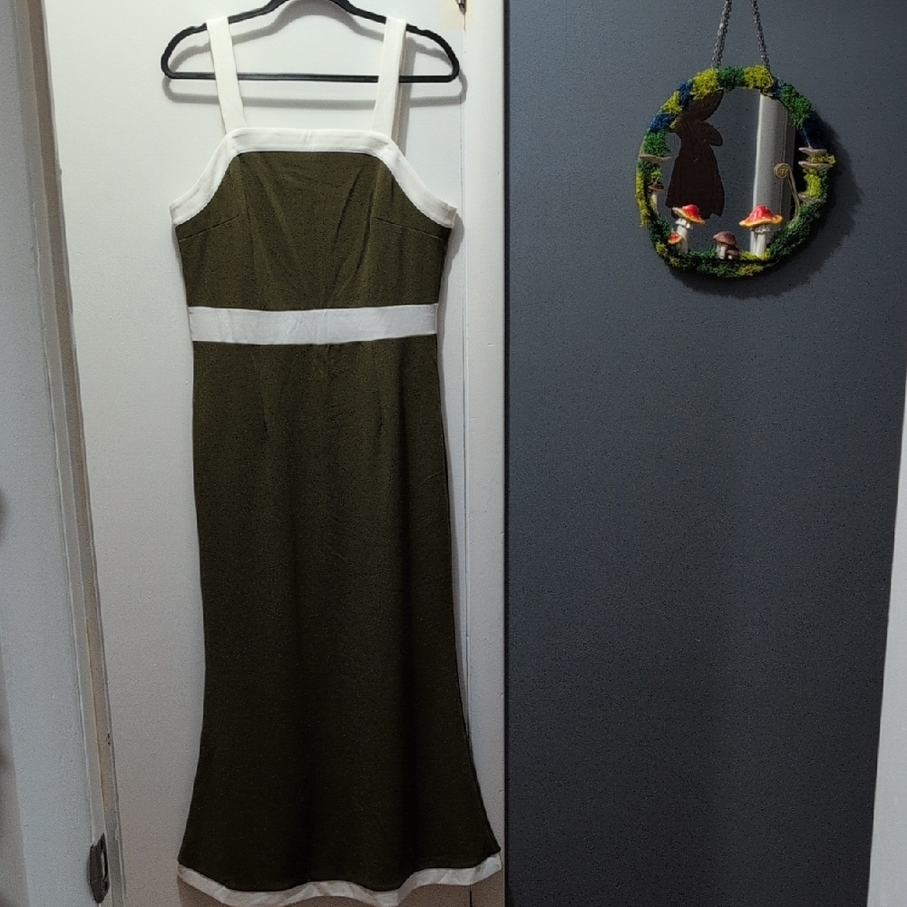 Elegant Olive Green Dress with White Accents